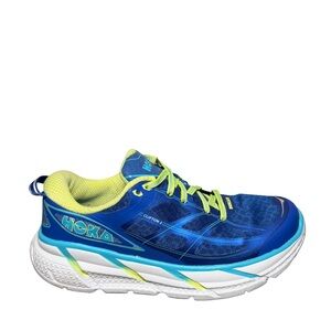 Hoka women’s Clifton 2 Blue with Neon Yellow Accent Running Shoe size 8.5